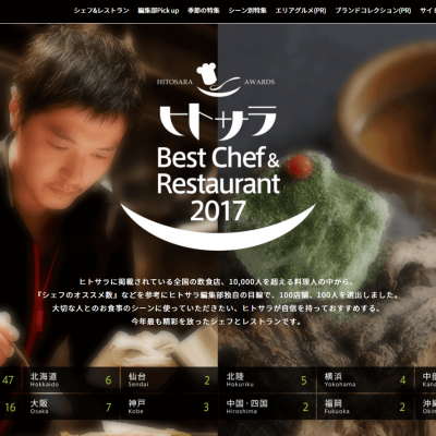 シェフがオススメするお店も評定軸に加え ヒトサラ 『Best Chef ＆ Restaurant 2017』 100店舗100人発表 ～ いま、注目を集める料理人とレストランを公開 ～